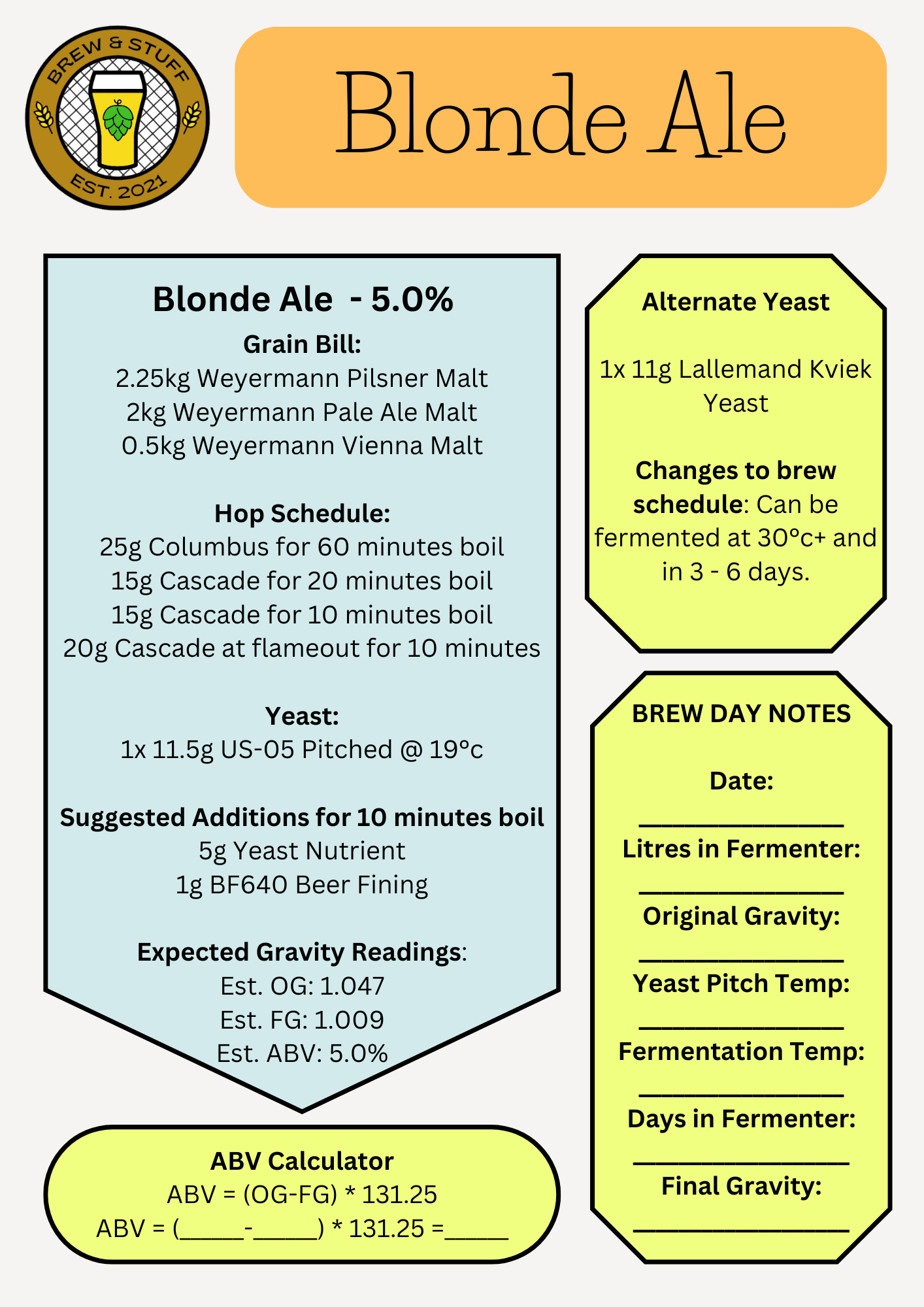 Blonde Ale Recipe Pack