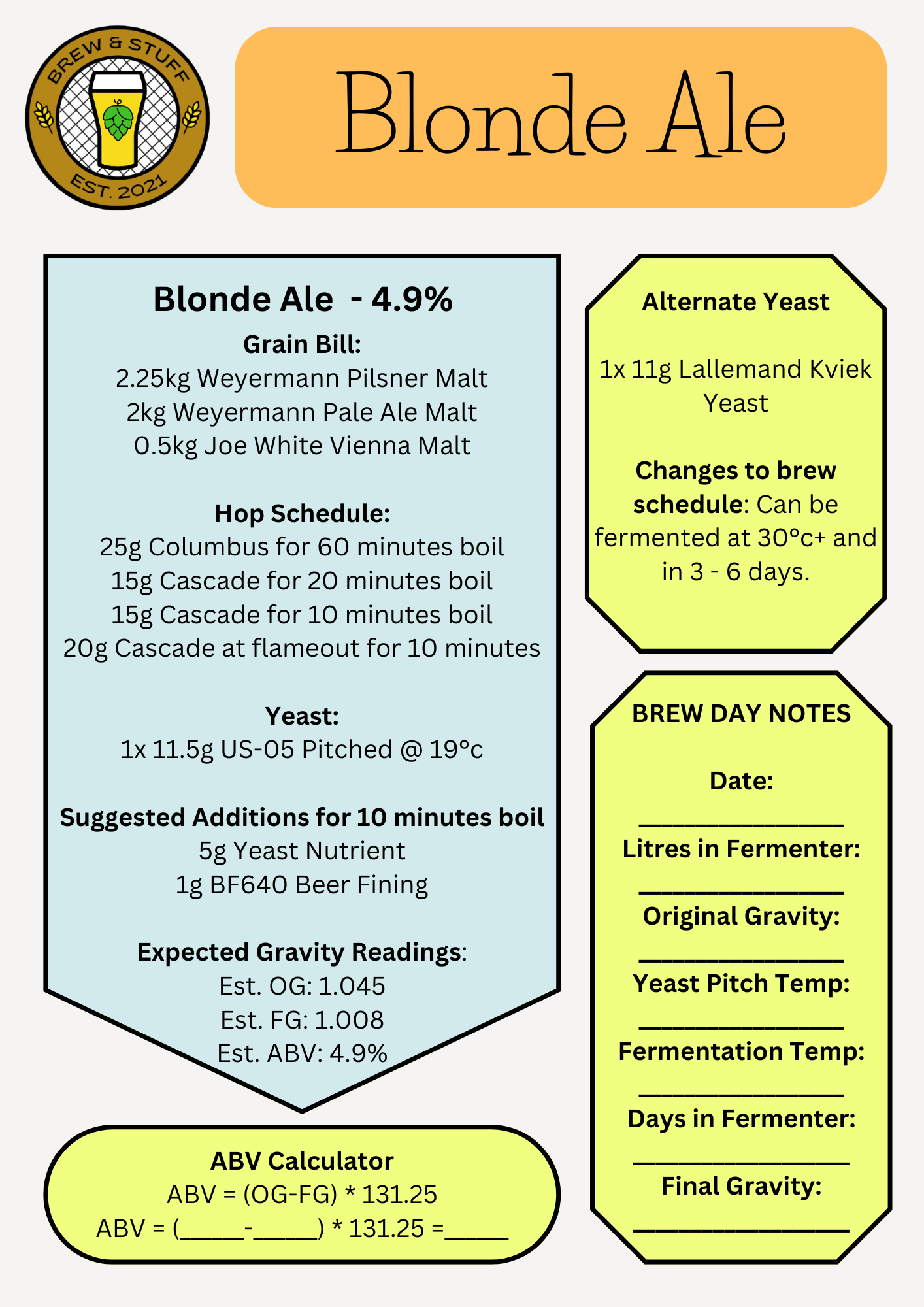 Blonde Ale Recipe Pack