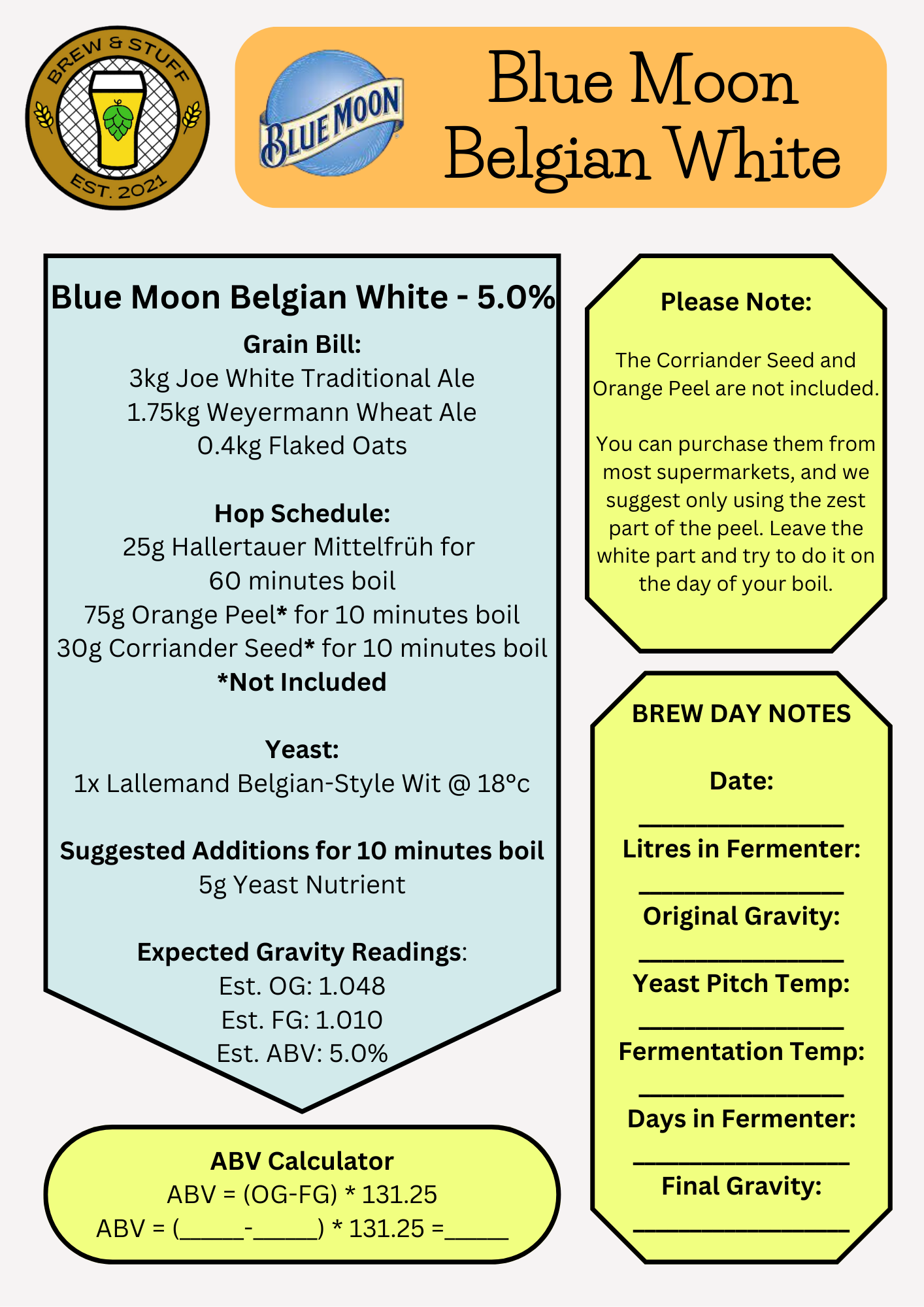 Blue Moon Belgian White Clone Recipe